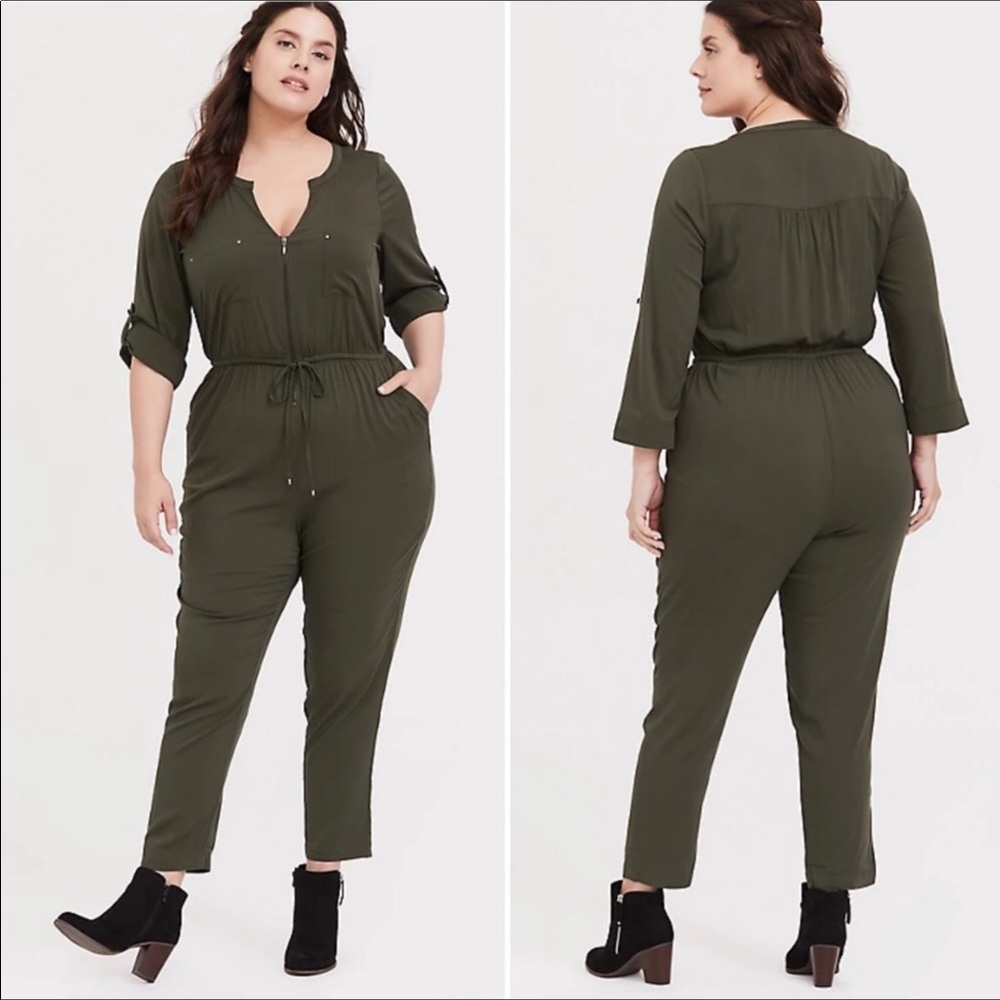 Torrid challis zip front jumpsuit olive green